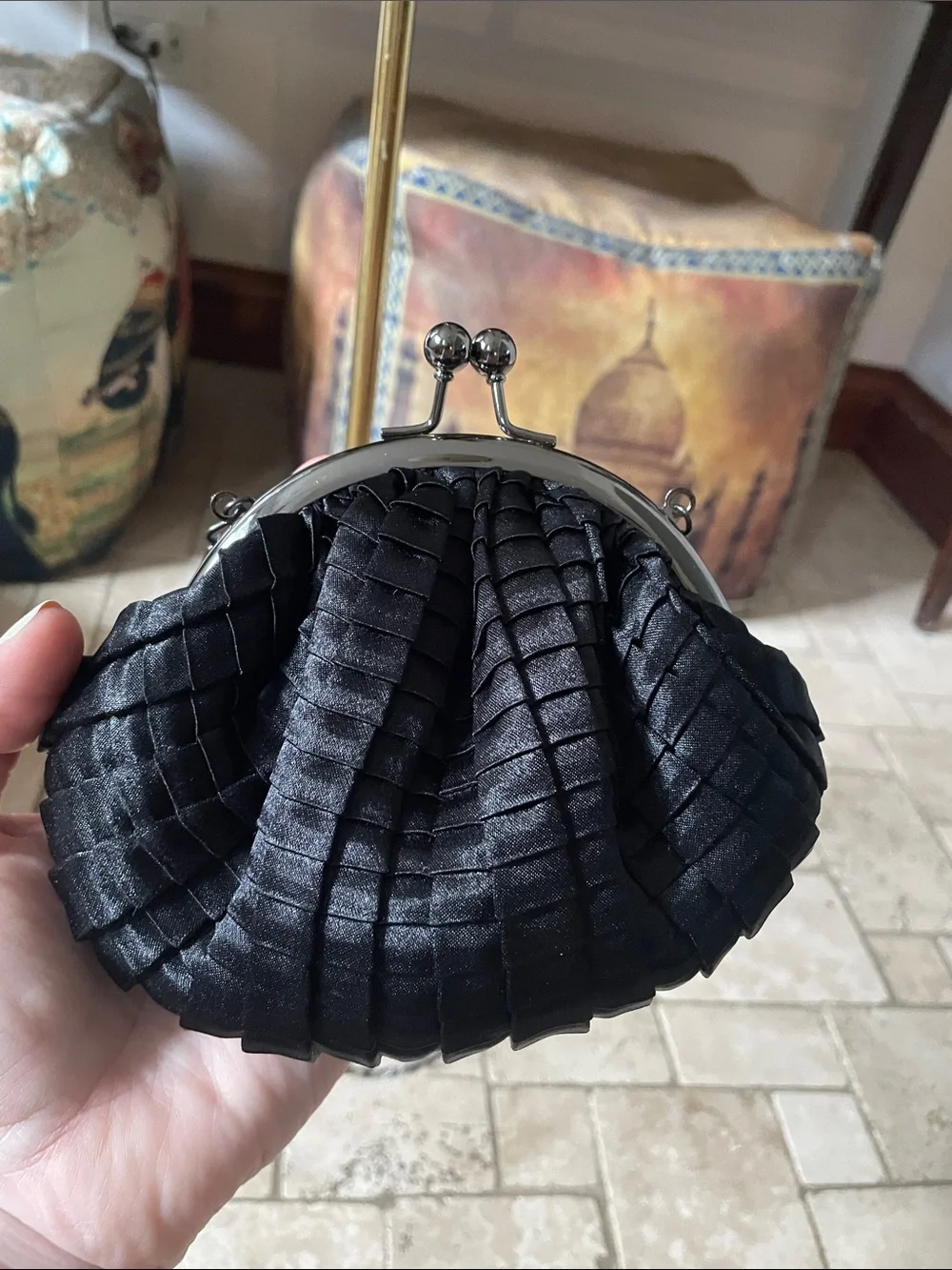 Jessica McClintock Black Satin Pleated Evening Clutch with Chain Kiss Lock